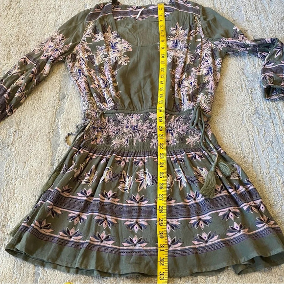 Free People Moonlight Drive Dress in Green Combo Mini Smocked Waist V Neck: XS - Picture 12 of 13